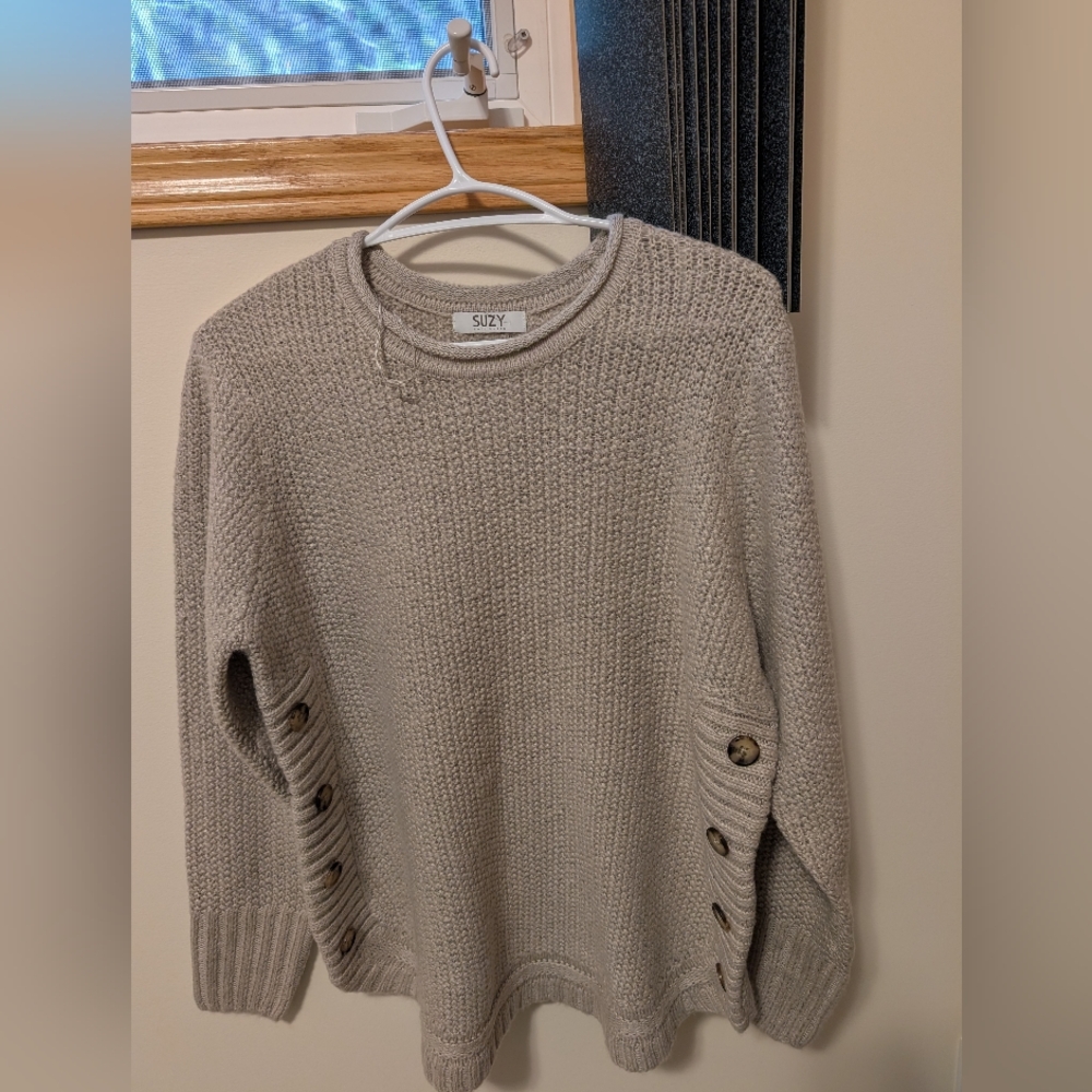 Suzy Shier Taupe Crewneck Sweater with Button Accents